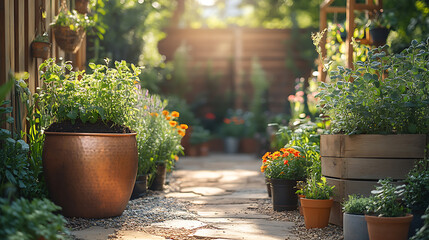 Sunlit garden with antique copper planters filled with herbs and soil vintage watering cans and wooden trellises supporting climbing vegetables and vines