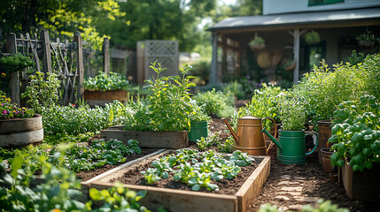 Sunny kitchen garden featuring antique copper watering cans soilfilled raised beds and delicate...