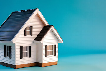 A small white house with a blue background