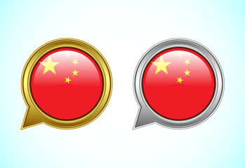 China flag speech bubble. Speaking flag icon in gold and silver color