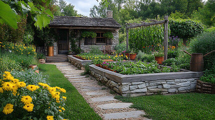 Tranquil kitchen garden with antique stone planters rich compostfilled raised beds wooden trellises supporting heirloom vegetables and vintage copper watering cans