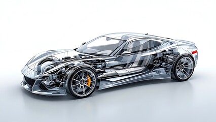 Realistic of a modern diesel car with semi transparent features, allowing a clear view of the engine