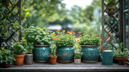 Antique ceramic planters filled soil herbs growing tall framed by handcarved wooden trellises and...