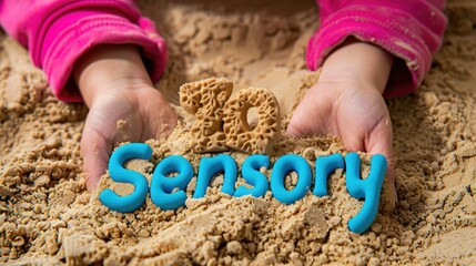 Child's hands playing with sand and foam letters in sensory activity
