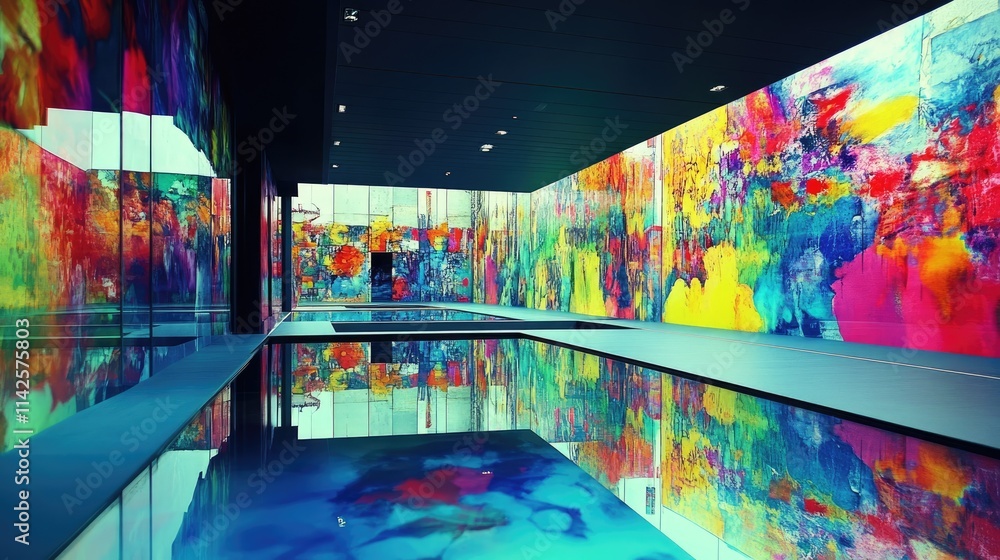 Poster artistic space featuring floor-to-ceiling mirrors reflecting vivid paintings and sculptures, creatin