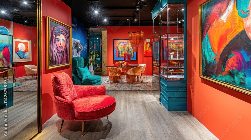 Poster artistic space featuring floor-to-ceiling mirrors reflecting vivid paintings and sculptures, creatin