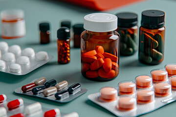 A variety of pills are displayed on a table, including some in a bottle