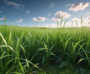 Fototapeta premium Lush green grass with a few blades swaying gently in the breeze, sports field, serene atmosphere, nature scene, vibrant grass, fresh cut grass