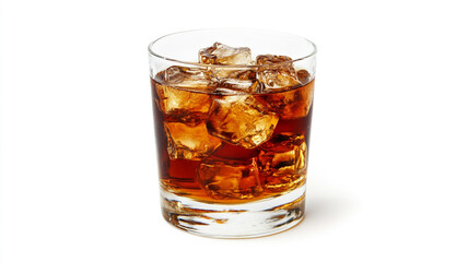 a whiskey glass with ice cubes isolated on white background.