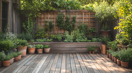 Antique ceramic planters filled soil herbs growing tall framed by wooden trellises and vintage copper watering cans raised garden beds brimming with compost