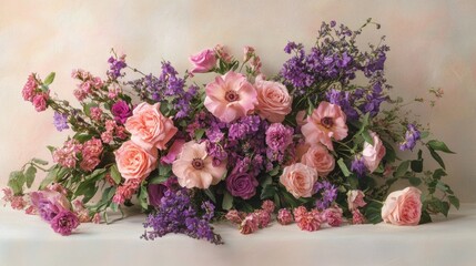 Elegant arrangement of pink and purple flowers with lush greenery