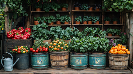 Antique ceramic planters overflowing heirloom vegetables with rich compost soil and wooden trellises supporting climbing vines vintage watering cans nearby