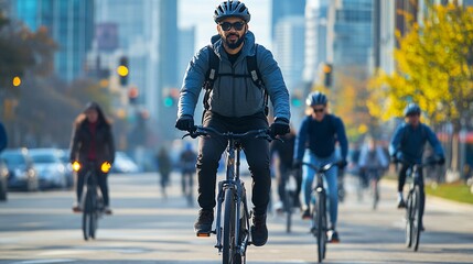 Cyclist riding bicycle on city street with other cyclists following behind