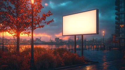 Photo realistic white blank billboard displaying in a lively waterfront district 