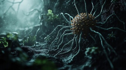 Obraz premium Cancer cell invading tissues with tentacles in microscopic view
