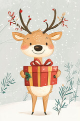 Fototapeta premium Acrylic colour painting of cute Christmas reindeer holding gift box over falling snow winter background, Happy new year and merry Christmas concept, illustration poster