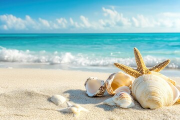 Seashells and starfish on white sandy beach with turquoise waves and blue sky in the background