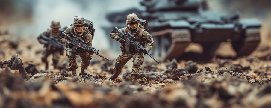 Soldiers advancing with rifles and tank on battlefield