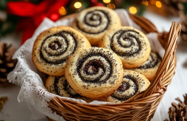 Fototapeta premium A basket of swirled cookies with poppy seed and chocolate on a white tablecloth
