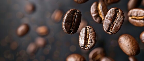Fototapeta premium Roasted coffee beans falling against dark backdrop