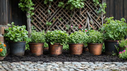 Kitchen garden closeup of antique copper planters dark rich soil and vintage watering cans next to an ornate trellis with sprawling vines