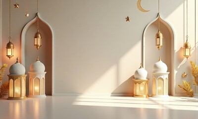 Fototapeta premium Islamic architecture golden lanterns ornate mosques white