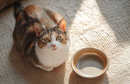 A cat sitting next to an empty bowl with stripes and fur