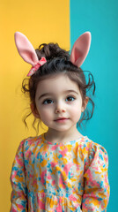 Little girl with bunny ears celebrating easter, posing on a vibrant two-tone background, creating a cheerful and festive scene