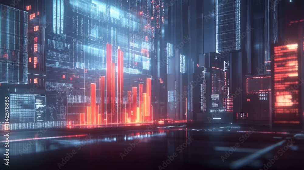 Poster futuristic digital cityscape with data visualization and neon colors