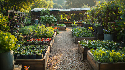 Raised garden beds filled heirloom vegetables surrounded by antique iron planters vintage watering cans and wooden trellises covered in vines