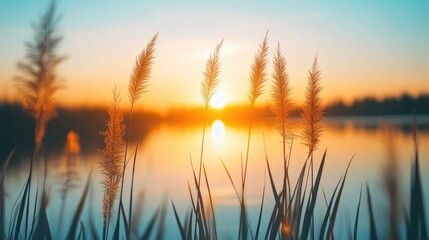 Fototapeta premium Serene sunset over lakeside with tall grass silhouettes