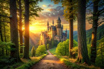 Enchanted Castle, Fairytale Forest, Magical Landscape, Beauty and Beast Setting, Rule of Thirds Composition