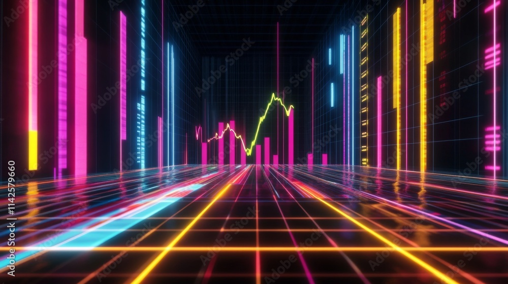 Poster colorful digital bar graph with neon lines and data visualization