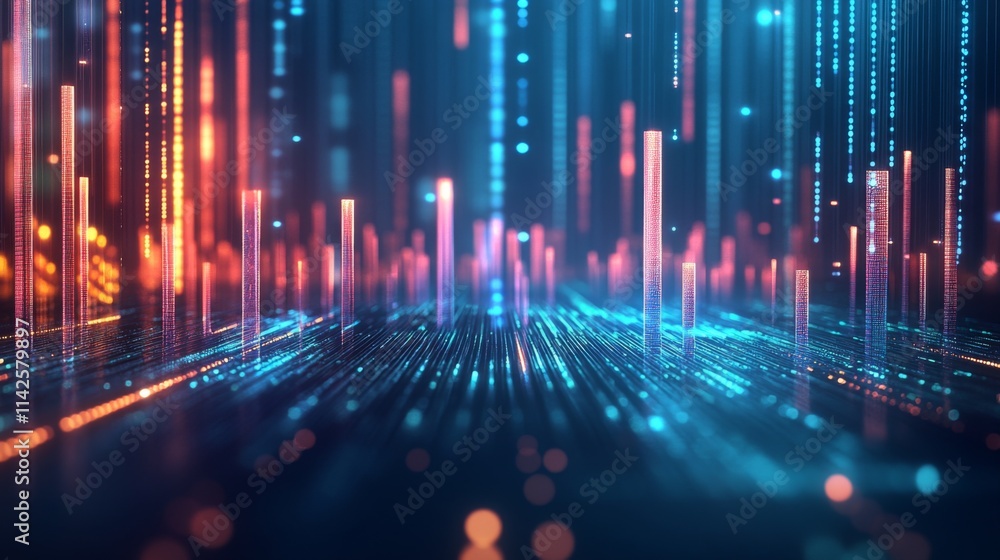 Poster abstract digital landscape with vibrant lines and glowing particles