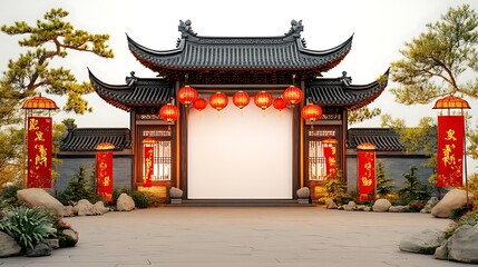 Fototapeta premium Red Lantern Festival Magic, Traditional Chinese Gate with Lanterns and Decorations