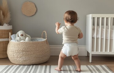 Cute baby in nappy walking near crib at home