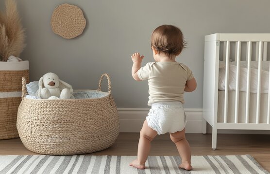 Cute baby in nappy walking near crib at home - Powered by Adobe