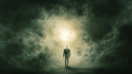 Surreal Figure Holding a Glowing Key in Dark Atmosphere