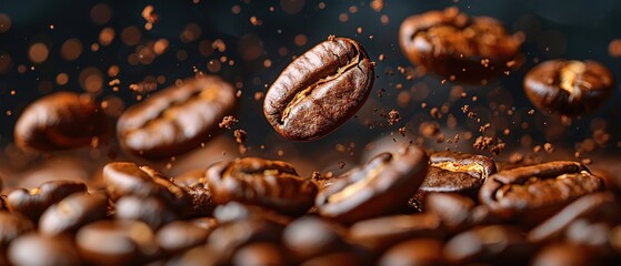 Fototapeta premium Roasted coffee beans falling against dark backdrop