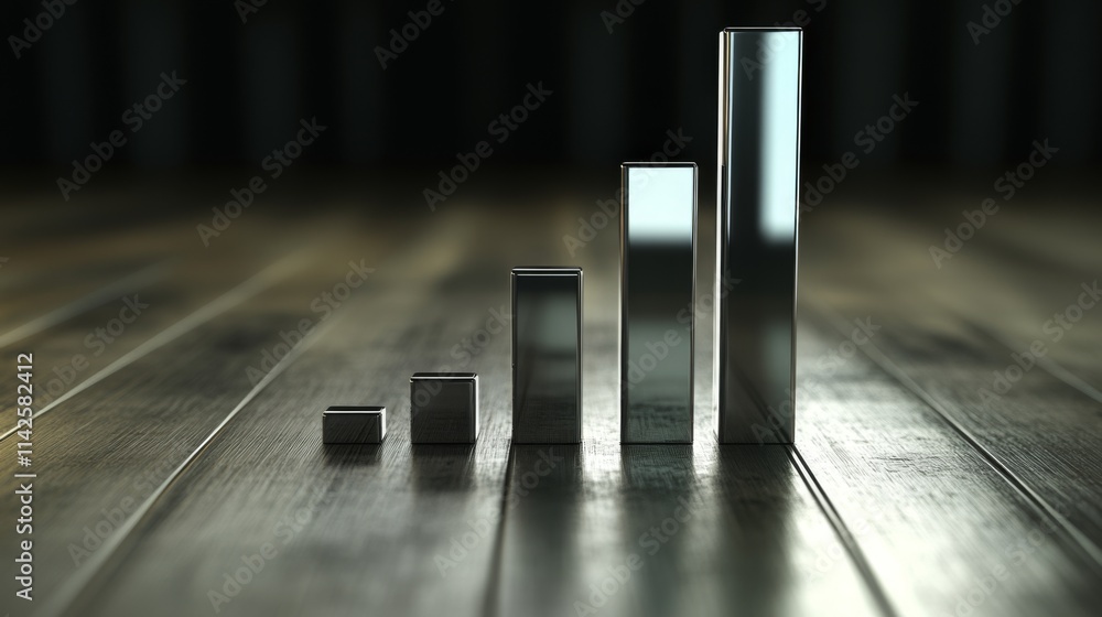 Poster reflective bar graph on wooden surface representing growth concept