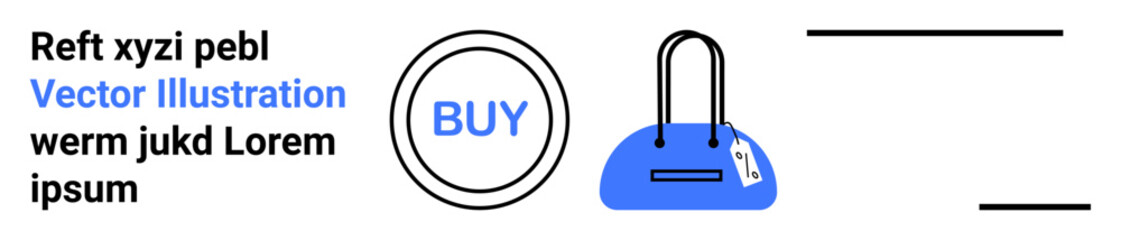 Circle with BUY text inside, blue handbag with price tag, placeholder text. Ideal for online shopping, e-commerce, retail promotions, web design, digital marketing, user interface and branding