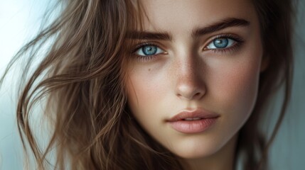 Obraz premium Close-up Portrait of Young Woman with Blue Eyes and Natural Beauty