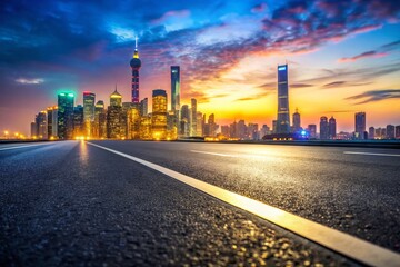 Obraz premium Evening City Asphalt Road, Bokeh, Side View, Night Scene, Modern Cityscape, Urban Road, City Lights, Street Photography, Blurred Background