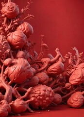 Red background with stylized, organic forms and soft textures, abstract shapes, artistic arrangements, nature-inspired designs