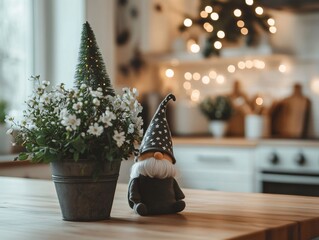 Christmas gnome resting near miniature tree, white blossoms surrounding, soft twinkling lights creating festive background ambiance