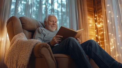 An elderly man with a content expression sits in a plush armchair, reading a book, with warm, ambient lighting and a cozy blanket draped over the arm of the chair, creating a peaceful home atmosphere