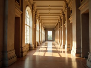 Sunlight illuminating elegant corridor with large windows and columns