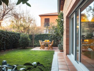 Modern house with wooden furniture surrounded by vibrant green garden, providing serene outdoor living space for relaxation