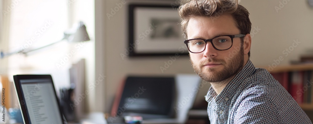 Poster young man working from home office using laptop computer