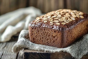 Freshly baked bread loaf topped with oats on wooden table for rustic dining setting